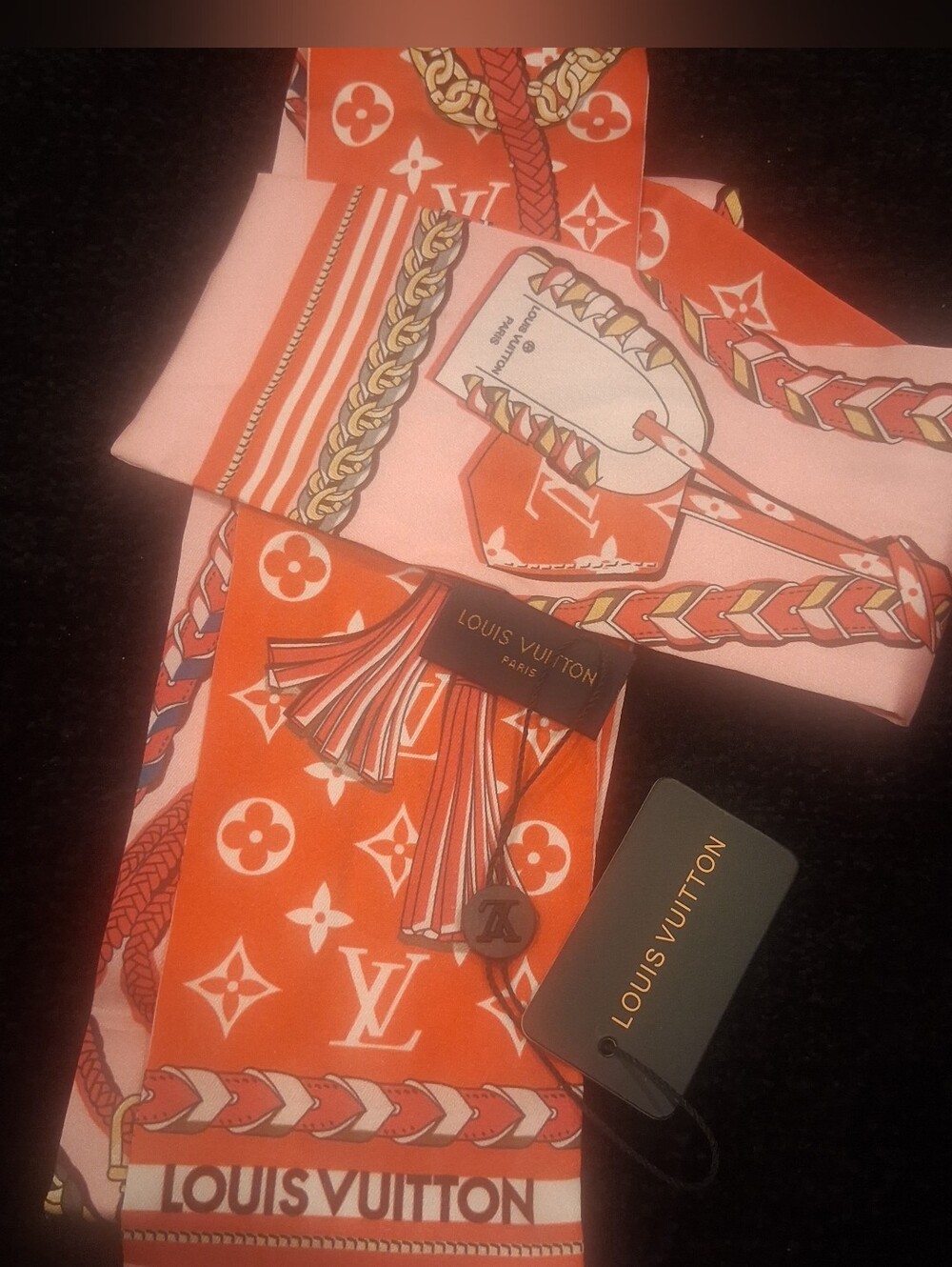 Louis Vuitton Orange & Pink Monogram Silk Twilly Scarf